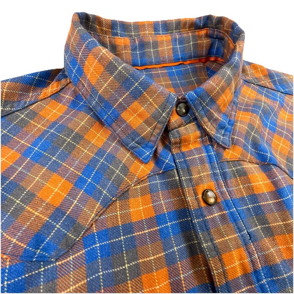 Orvis Trout Bum Shirt Mens M Orange Blue Plaid Pearl Snap Western Performance